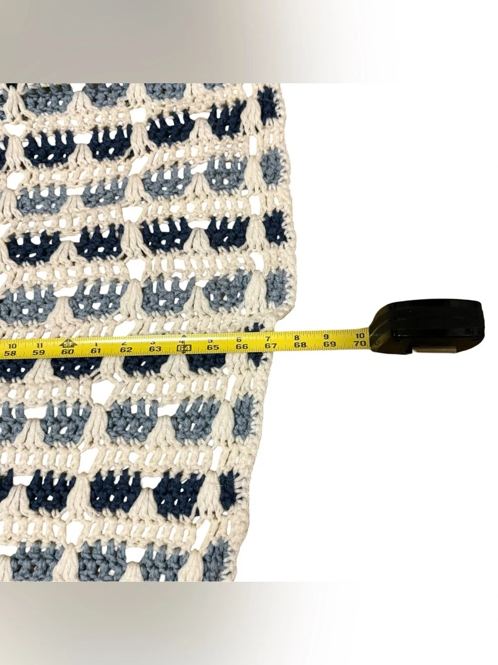 Vintage Crochet Knit Afghan Blanket Handmade Granny Blue White 69”x67”